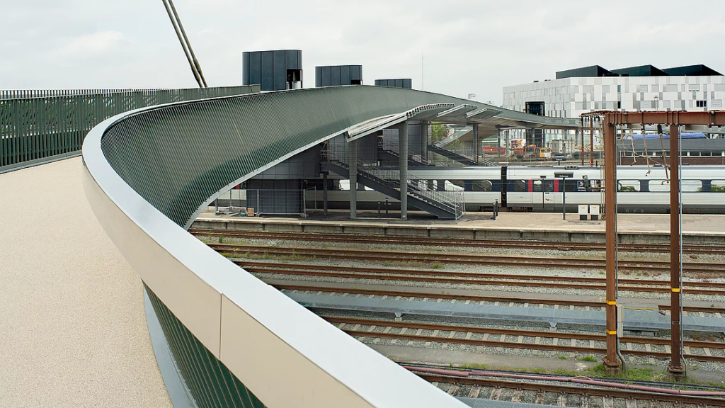 Bridge over the train rails, urban landscape
